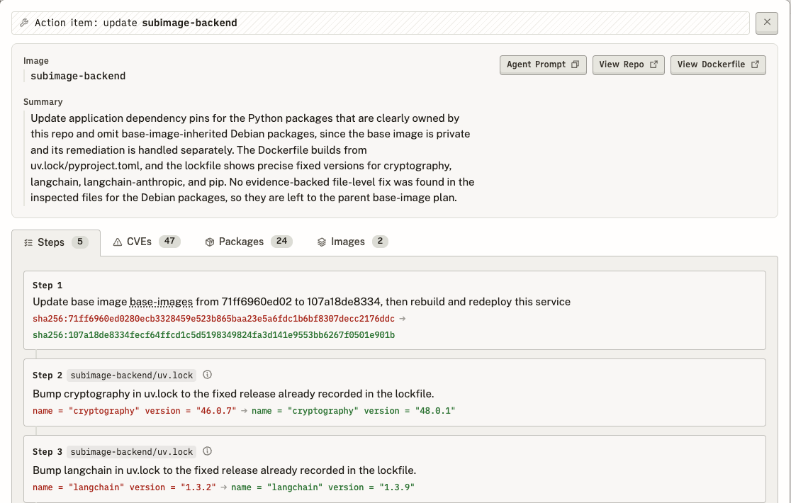 action items view: remove some CVEs by updating base image, others from bumping lockfiles